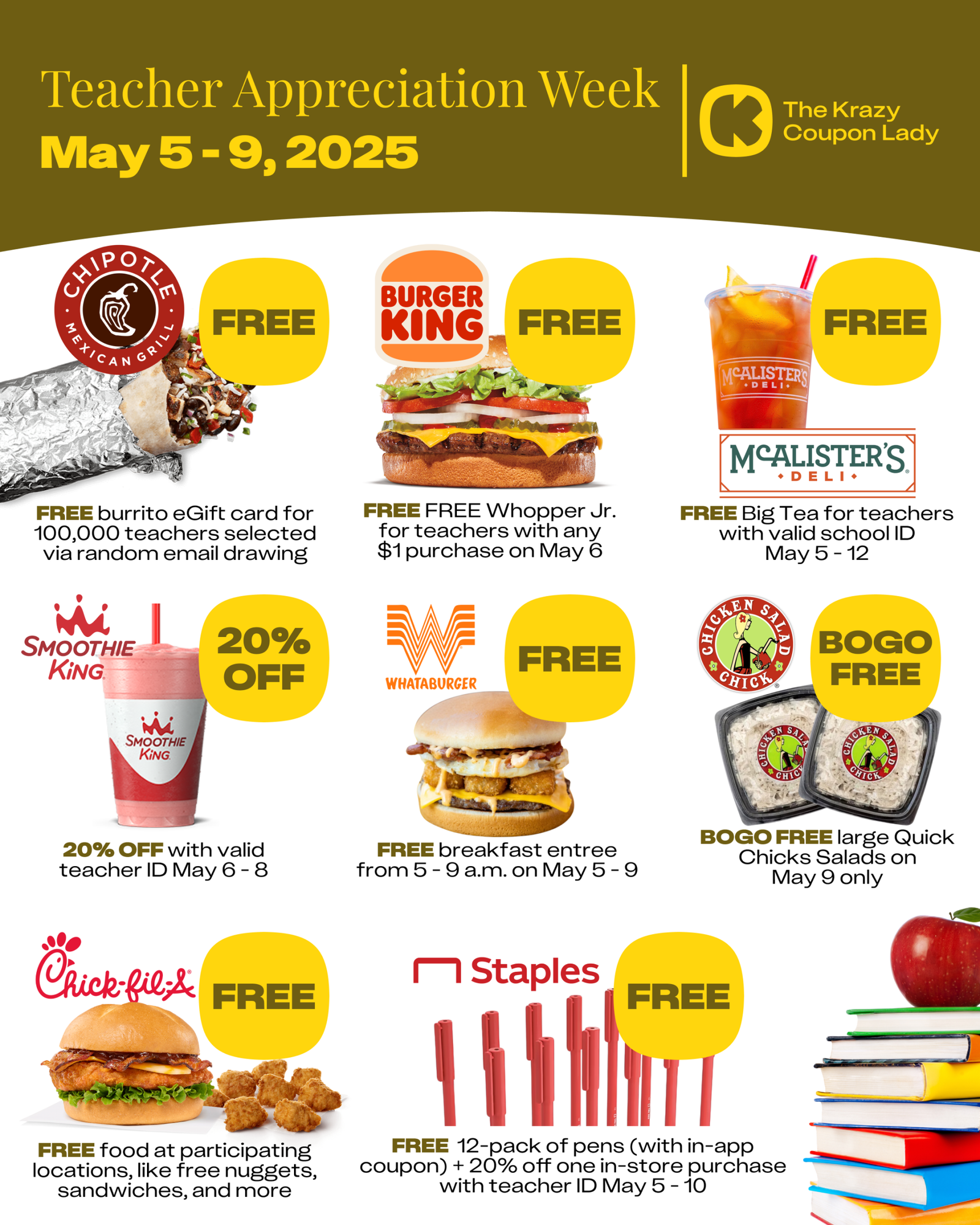 Teacher Appreciation Week Fast Food Freebies & Deals